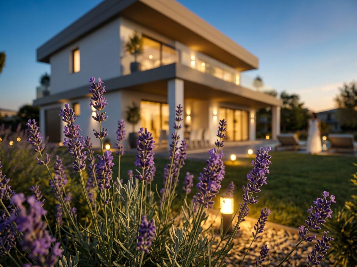 Giardino con lavanda e luci serali