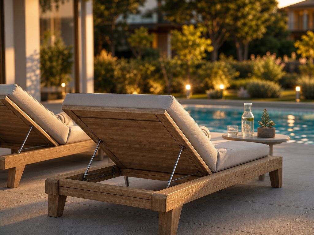 Lettino in legno a bordo piscina